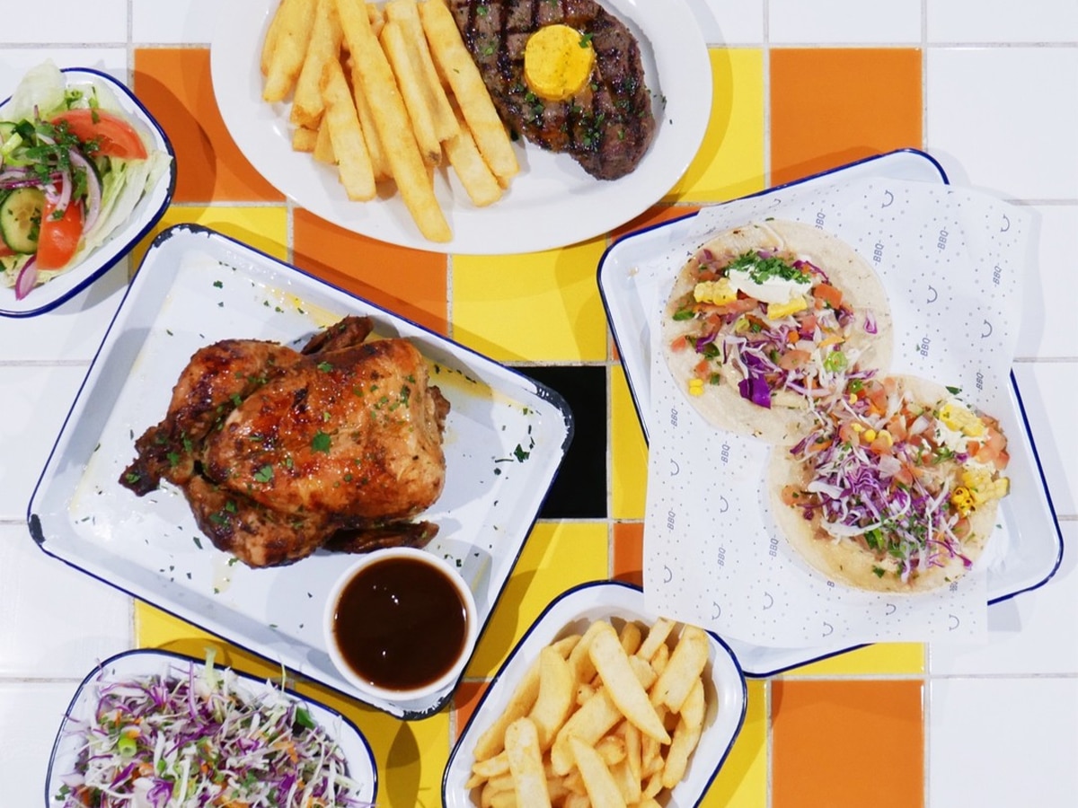 bbq and fries, roasted chicken, salad