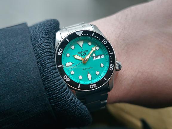 Seiko 5 sports srpk33 on wrist in dark room